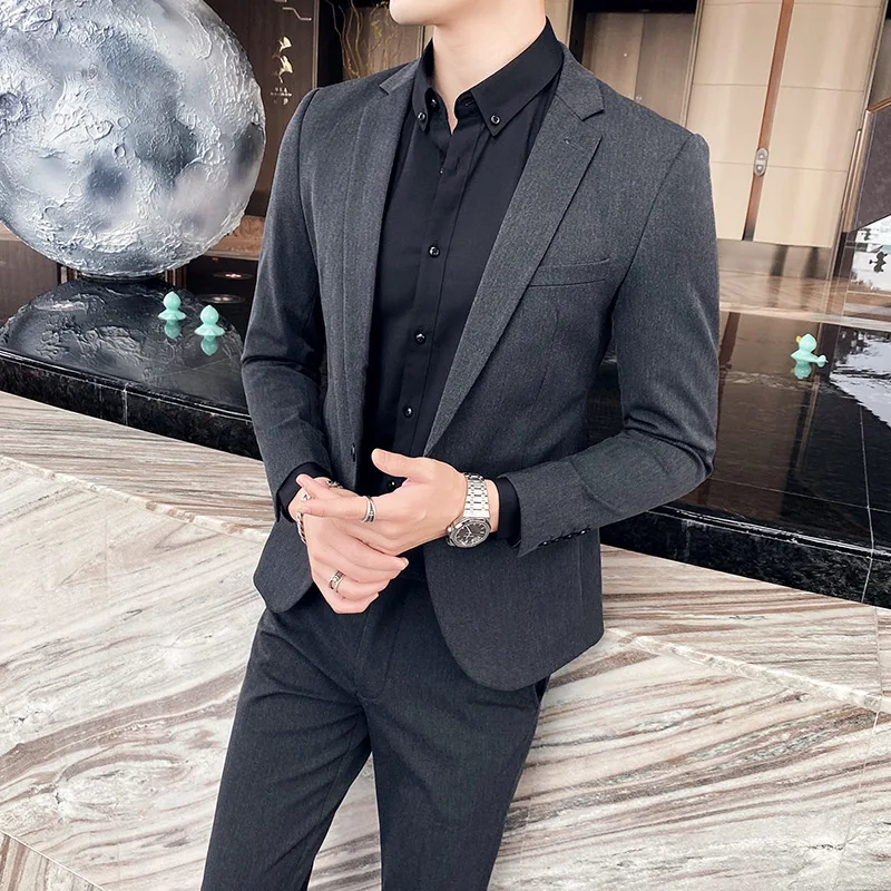 [Jacket + Pants] Fashion boutique pure color Slim men\'s casual business three-piece suit groom wedding stage tuxedo Size S-7XL