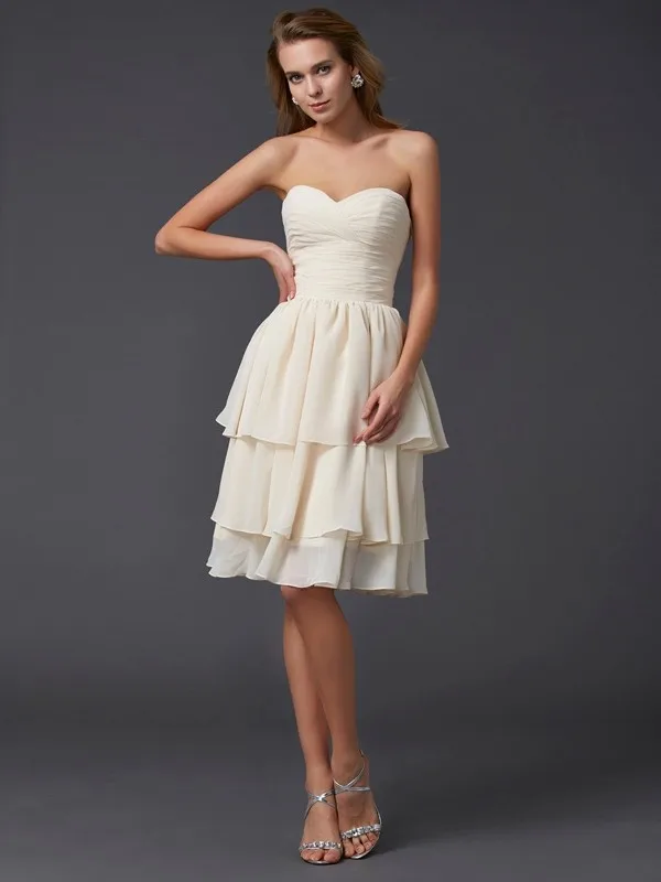 

Elegant Short Chiffon Bridesmaid Dresses With Ruffles A-Line Tiered Knee Length Zipper Back Wedding Guest Dress for Women