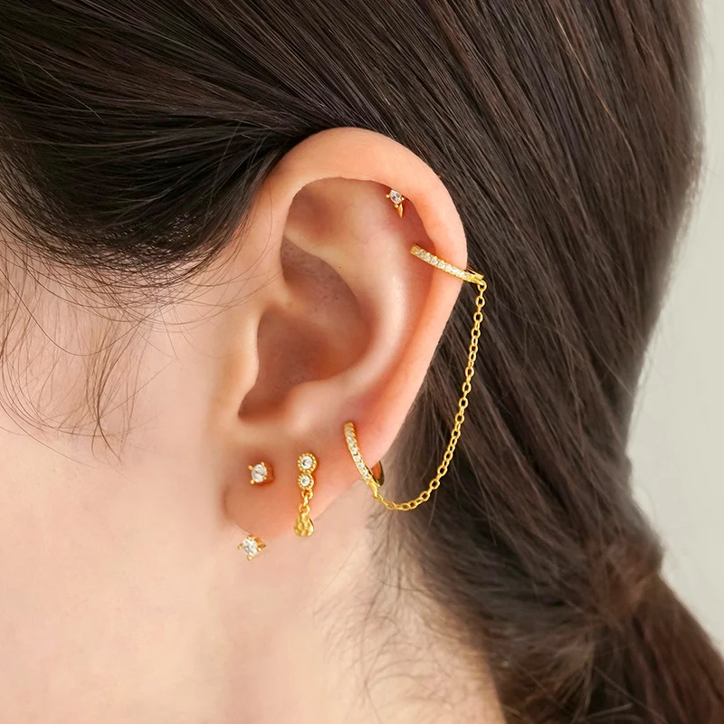 925 Sterling Silver Needle Hoop Earrings Double Circle Cubic Zirconia Tassel Chain Cartilage Earring Piercing 1pc Luxury Jewelry silver earrings silver hoop earrings silver needle earrings