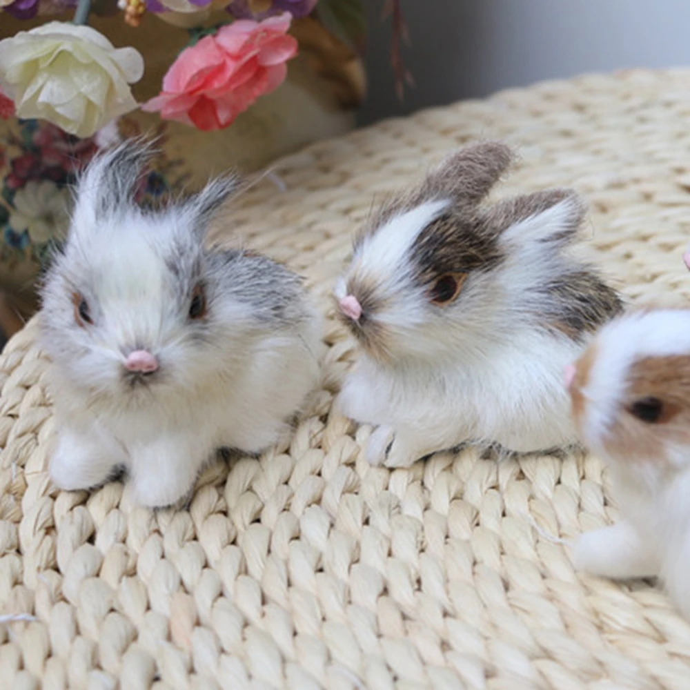 Cute Mini Animal Fur Model Figurines Miniatures Easter Plush Bunny Kids Toy Simulation Rabbits
