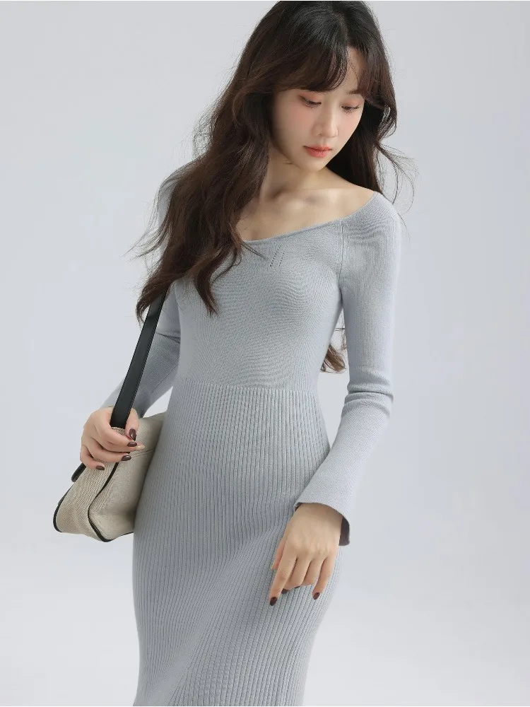 Elegant Knit Bodycon Midi Dress Women Winter Long Sleeve Sweetheart Neck  Fit Sweater Dress French Warm Ribbed Dress for Layering - AliExpress