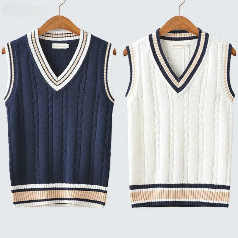 Men Sweater Vests Mens Knitted Vest Sweater Vest Men Thicken V-neck Sleeveless Knitted Sweaters Vests Striped Retro Preppy-style Simple Chic Loose Casual All-match
