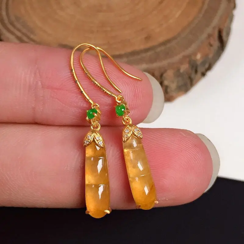 French natural yellow jade ice chalcedony ear hook S925 silver inlaid rich and auspicious Earrings