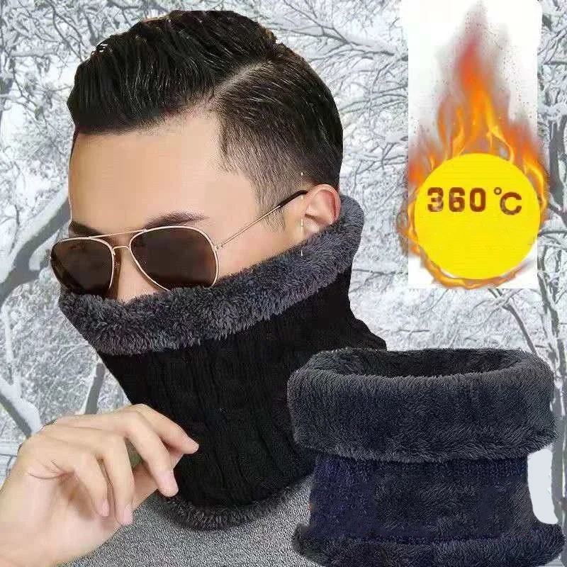 Men Solid Color Soft Knitted Ring Loop Collar Scarf Winter Thick Plush Wool Bib Male Warm Snood Short Scarves Circle Neckchief