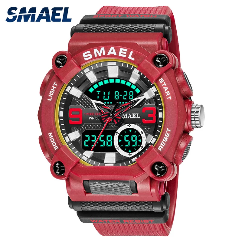 SMAEL Sport Watch For Men Waterproof 50M LED Chronograph Electronic Clock Dual Time Zone Quartz Military Wristwatches 8052 green time t2 dual usb charging alarm clock wireless radio lcd screen perpetual calendar temperature display white