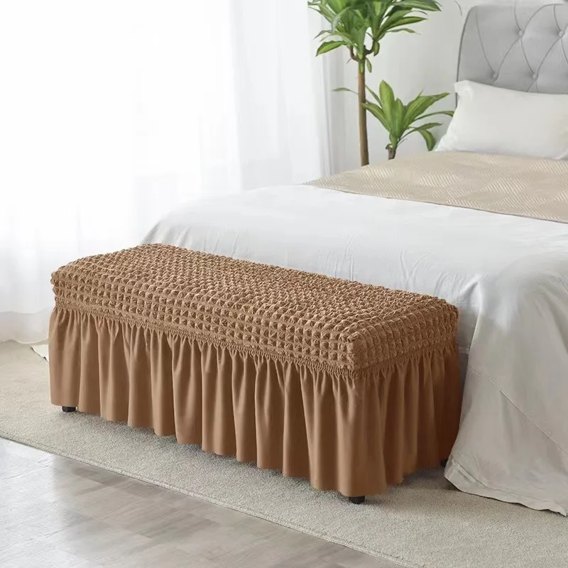 1PC Solid Color Seersucker Bench Cover with Skirt Non-Slip Dining Seat Slipcover Elastic Piano Chair Case Bedroom Seat Protector
