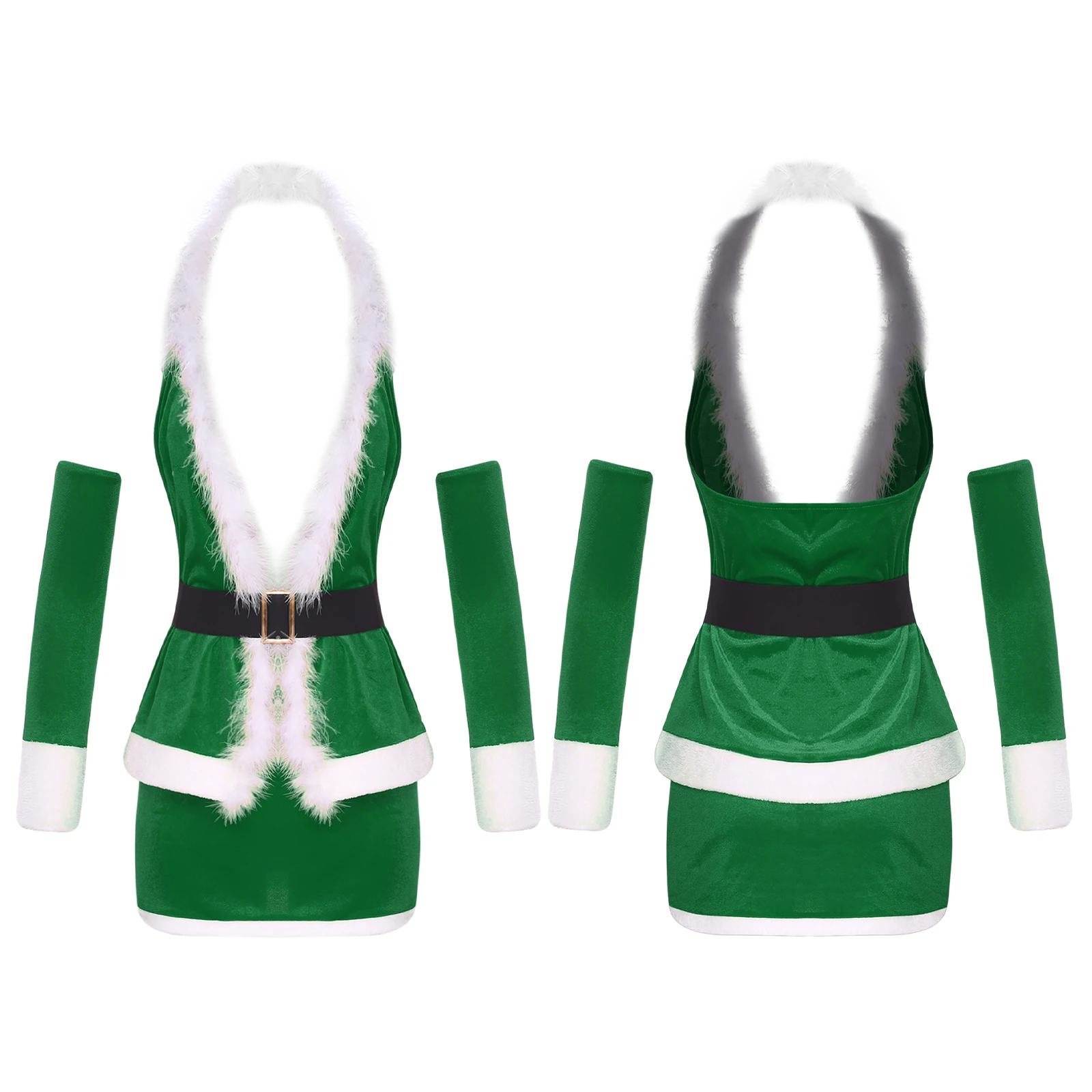 Women Christmas Sexy Santa Claus Cosplay Costume Velvet Plush Halter Top with Oversleeves Belt Skirt for Xmas Festival Party