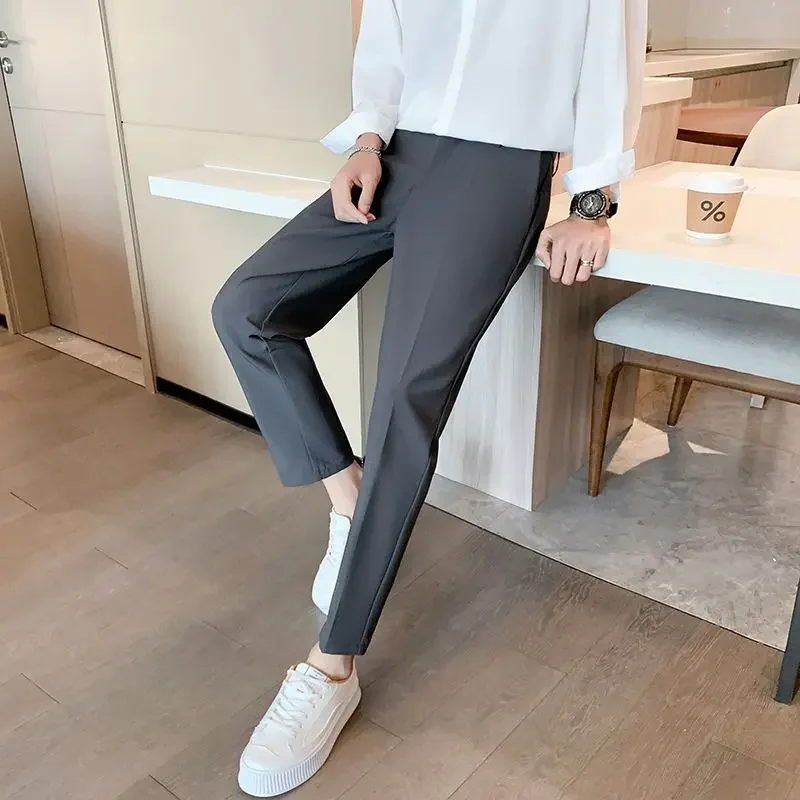 thumbnail image 1 of Pantalones de trabajo refrescantes para hombres, pantalones de oficina de seda de hielo, trajes rectos para hombre, tela clásica, sastrería coreana, reseñas, muchas novedades, 1 of 5