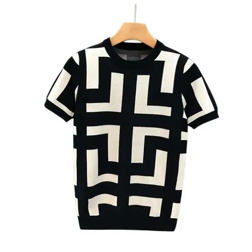 Faionable Ice Silk ort Sve Knitted T-irt for Men Slim Fit round Ne Summer New Sle Polyester Fiber Anti-Wrinkle