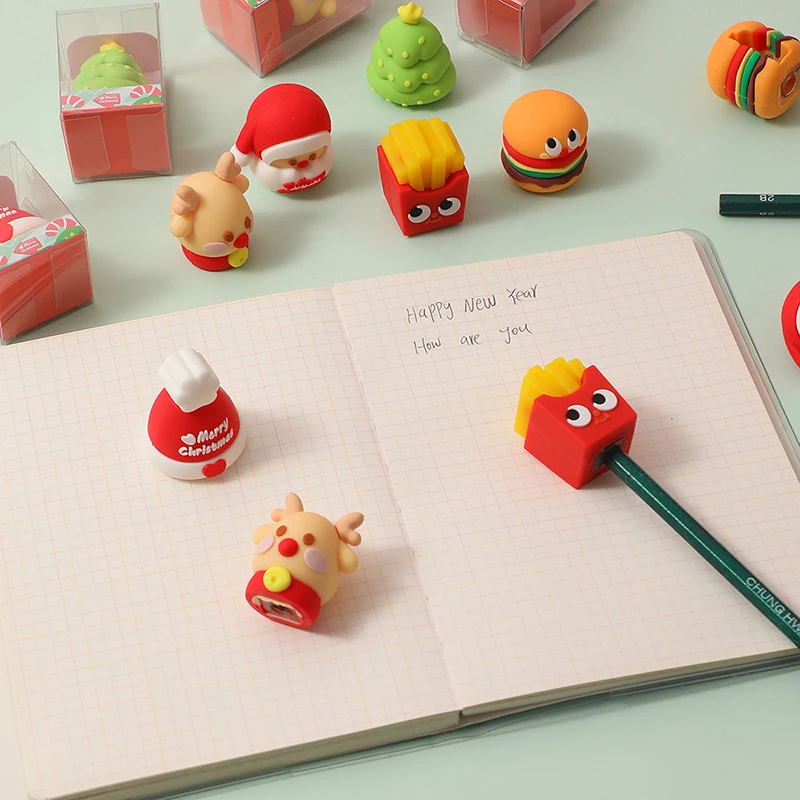 Cartoon Christmas Series Pencil Sharpener Creative Hamburger Pencil Sharpener Cute Students Stationery Office School Supplies 1pc stationery set new cartoon cute exquisite gift box with pencil sharpener eraser ruler combination for office school supplies