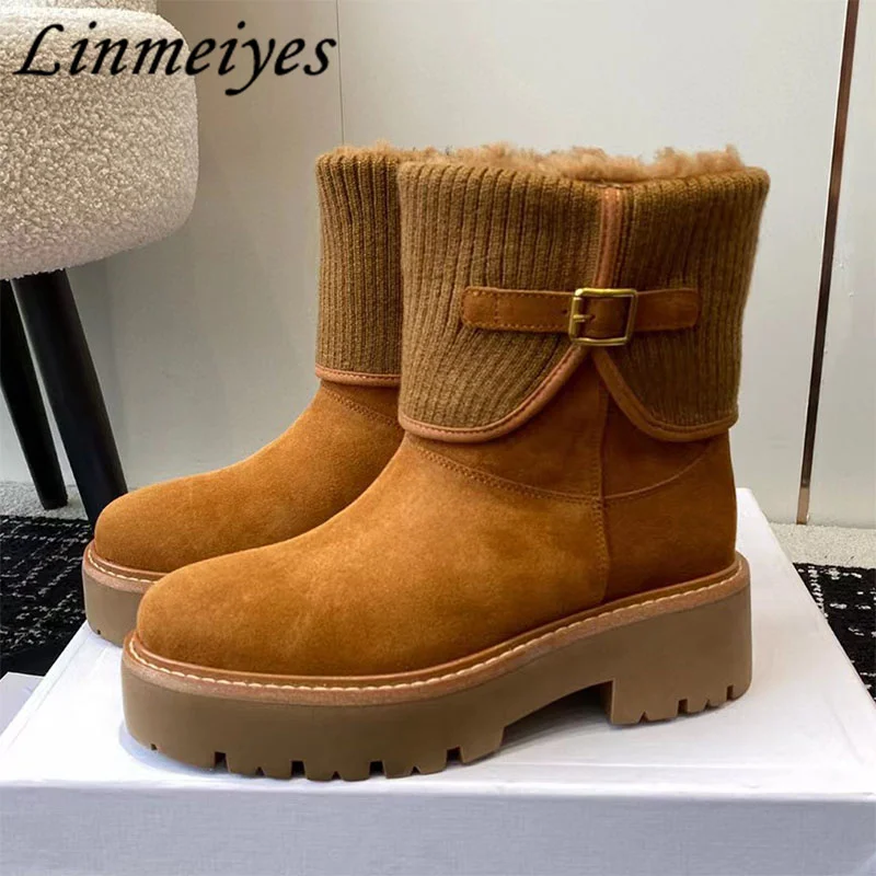 

New Thick Sole Snow Boots Women Round Toe Inside Wool Warm Knight Boots Winter Cow Suede Knit Patchwork Short Boots Woman