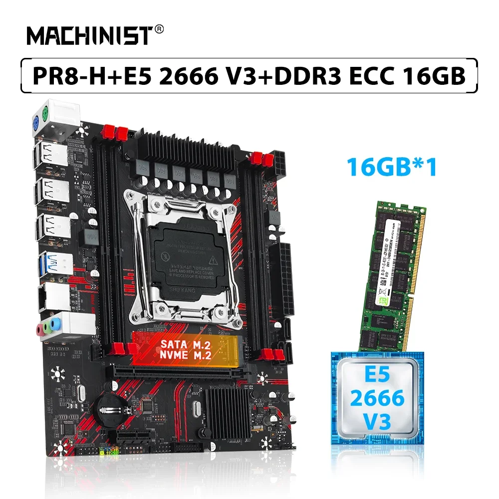 MACHINIST X99 PR8-H Motherboard Set LGA 2011-3 Kit Intel Xeon E5 2666 V3 Processor CPU DDR3 16GB ECC RAM NVME M.2 SATA 3.0 SSD