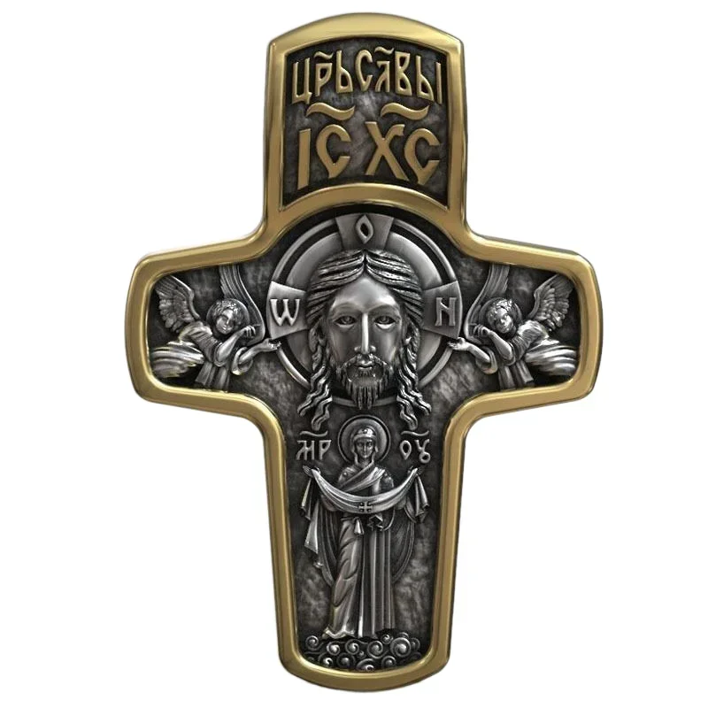 12g Cross Orthodox Jesus Christ and Virgin Mary Gold Pendant  Customized 925 Solid Sterling Silver Pendant