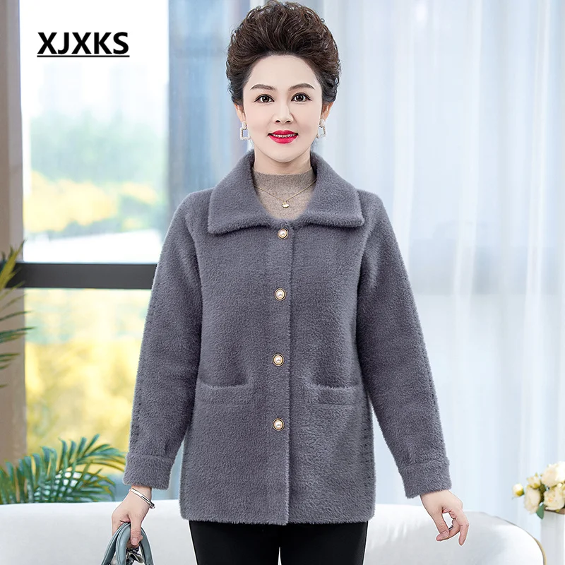 

XJXKS 2022 Winter New Fashion Lapel Single-breasted Cardigan High-end Imitation Mink Tweed Coat Loose Oversize Female Jacket