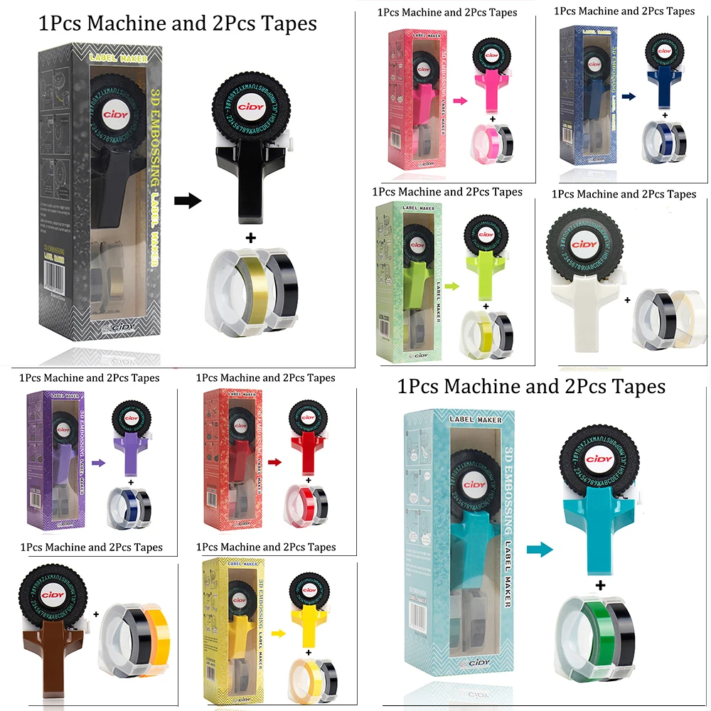 미니 휴대용 프린터 DIY 핸드 홀드 타자기 라벨 메이커, MOTEX E101 레터링 기계용, 2 롤 3D 엠보싱 수동 테이프..