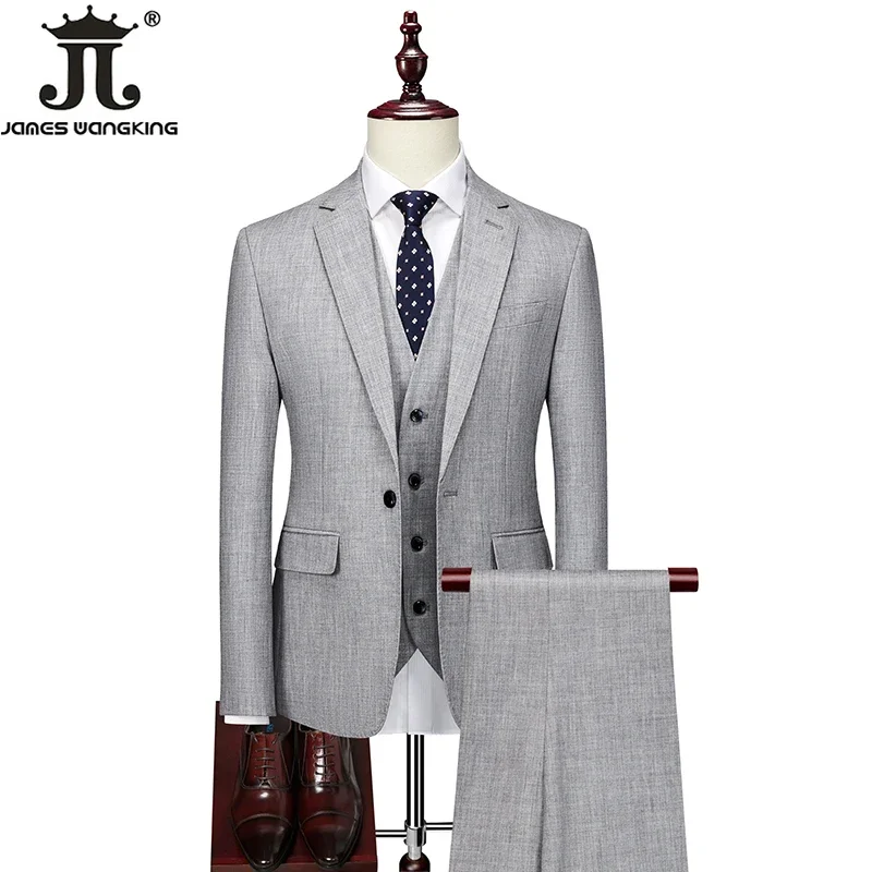Mens Slim Three-piece Suit Blazer Vest Pants Formal Business Solid Color Groom Wedding Dress Party Social