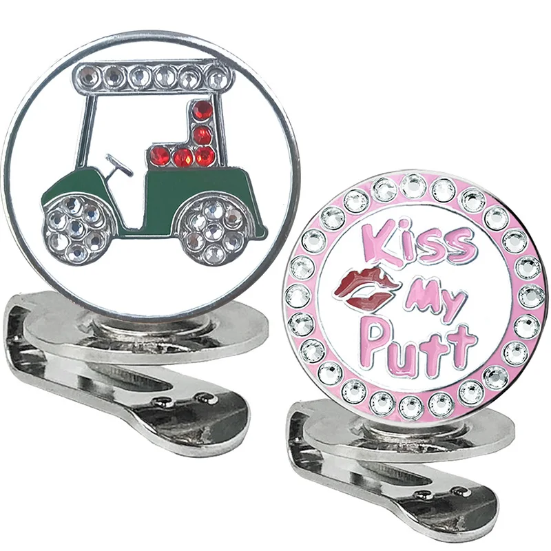 Golf Ball Marker Car And Kiss My Putt Rhinestone Diamonds Golf Accessories With Magnet Hat Clip 1pc For Girl Friend