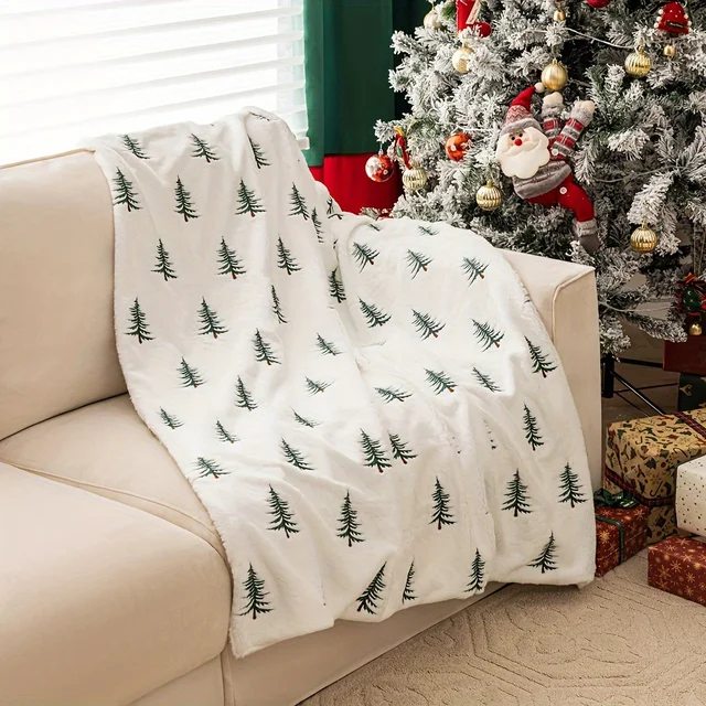 Christmas Blanket White Pine Tree Print Soft Plush Cozy Warm Xmas Design Home Decor Sofa Bed Living Room Festive Winter Gift 2