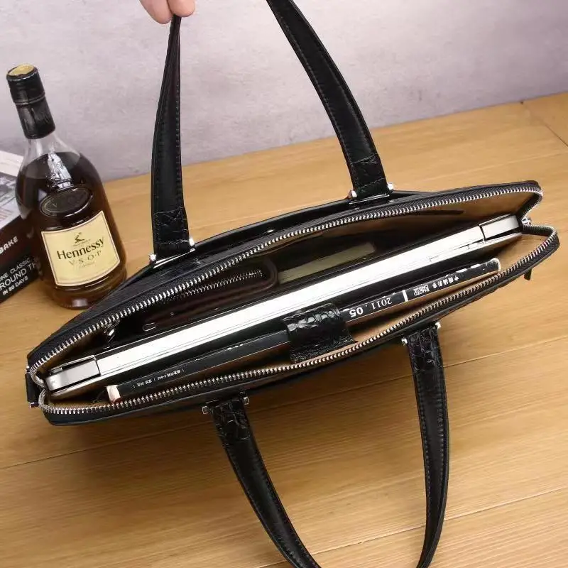 Men's Leather Briefcases for 14 Laptop Croco Pattern Cowhide Leather Man Handbags Business Totes Big Shoulder Bags
