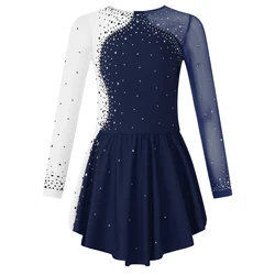 Girls Sparkling Rhinestone Figure Skating and Dance Dress with Sheer Mesh Sleeves - 6 (Navy Blue)