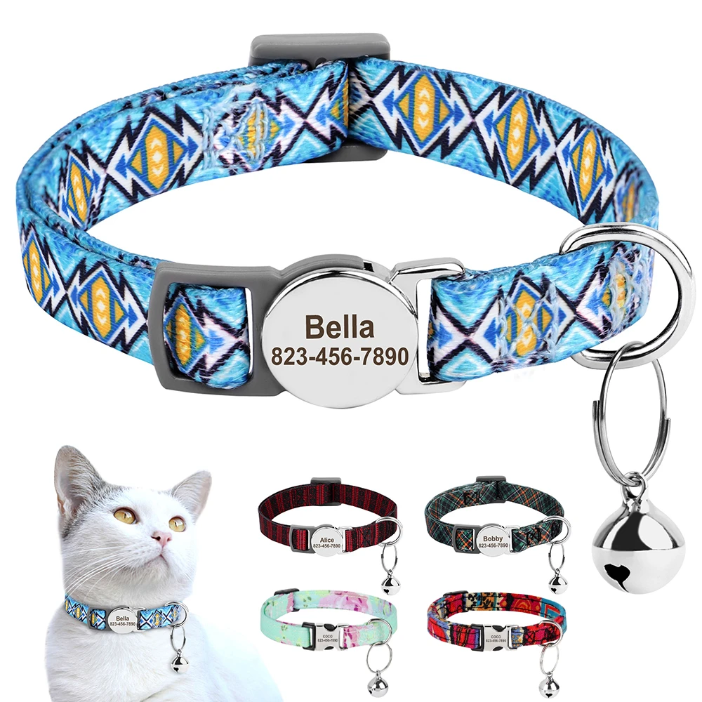 Personalized Printed Cat Collar Adjustable Kitten Puppy Collars With Free Engraved Id Nameplate