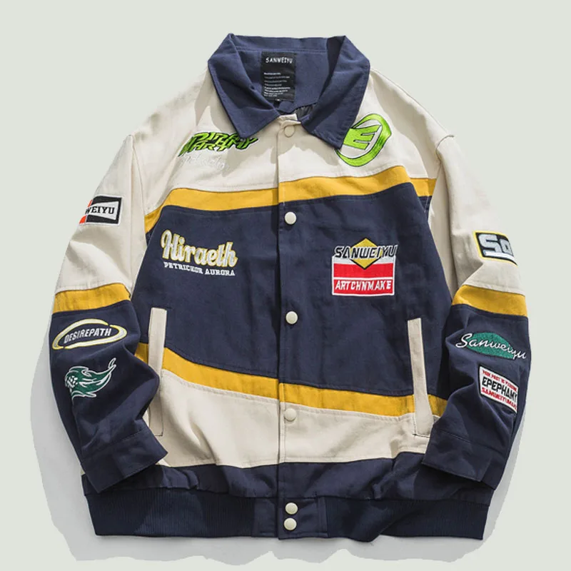 

Streetwear Patchwork Varsity Baseball Jackets Mens Harajuku Letters Embroidery Motorcycle Cargo Coats Casual Lapel Jacket Unisex
