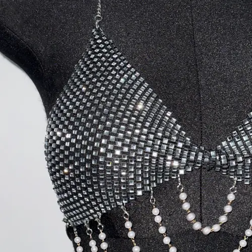 Women Pearl Chain Tassel Tank Top Shiny Diamonds Mesh V Neck Backless Halter Neck Crop Top Rave Vocal Concert Party Camisole - Image 6