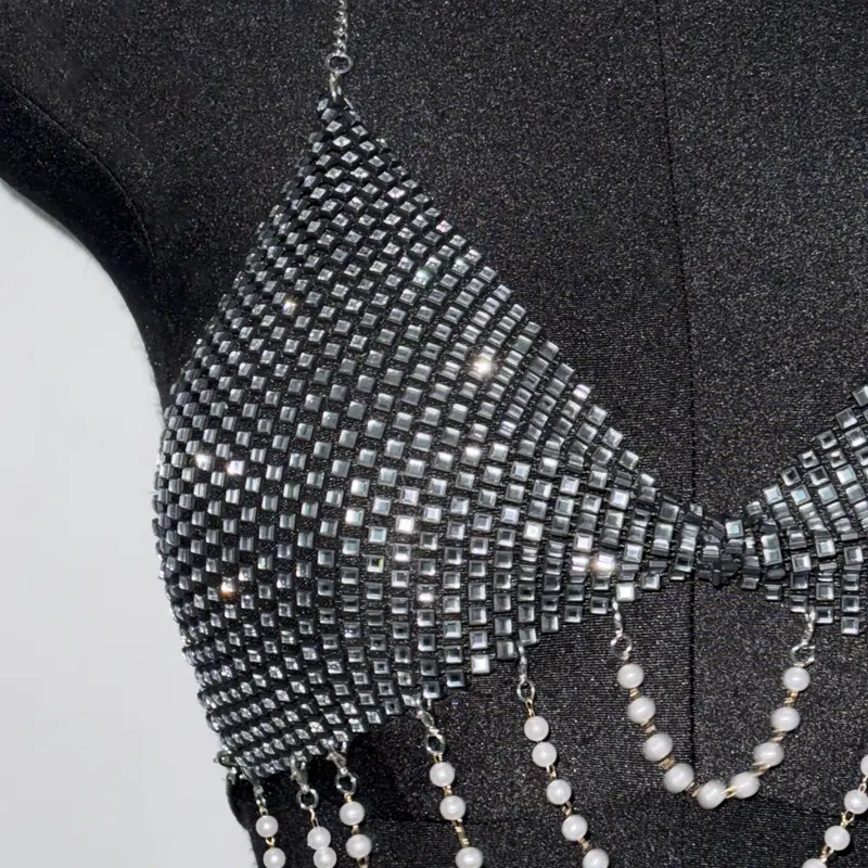 Women Pearl Chain Tassel Tank Top Shiny Diamonds Mesh V Neck Backless Halter Neck Crop Top Rave Vocal Concert Party Camisole - Image 6