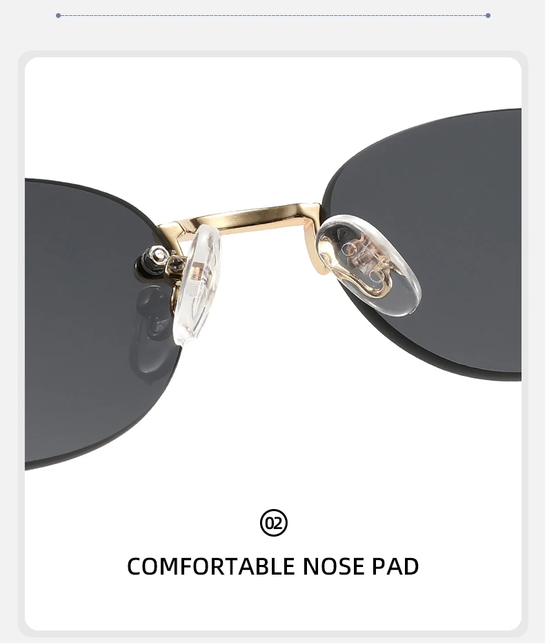 Modische Randlose Ovale Sonnenbrille für Damen Metallrahmen Gebogene Rutschfeste Bügel Langlebiges Scharnier Komfortable Nasenpolster – Detail 14