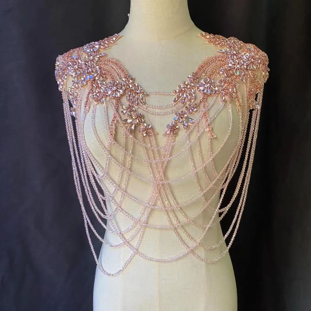 

Pink Sparkling Chains Diamond Rhinestone Applique Patch for Wedding Dress,Bridal Cape with Fringe,Shoulder Supplies,Body Jewelry