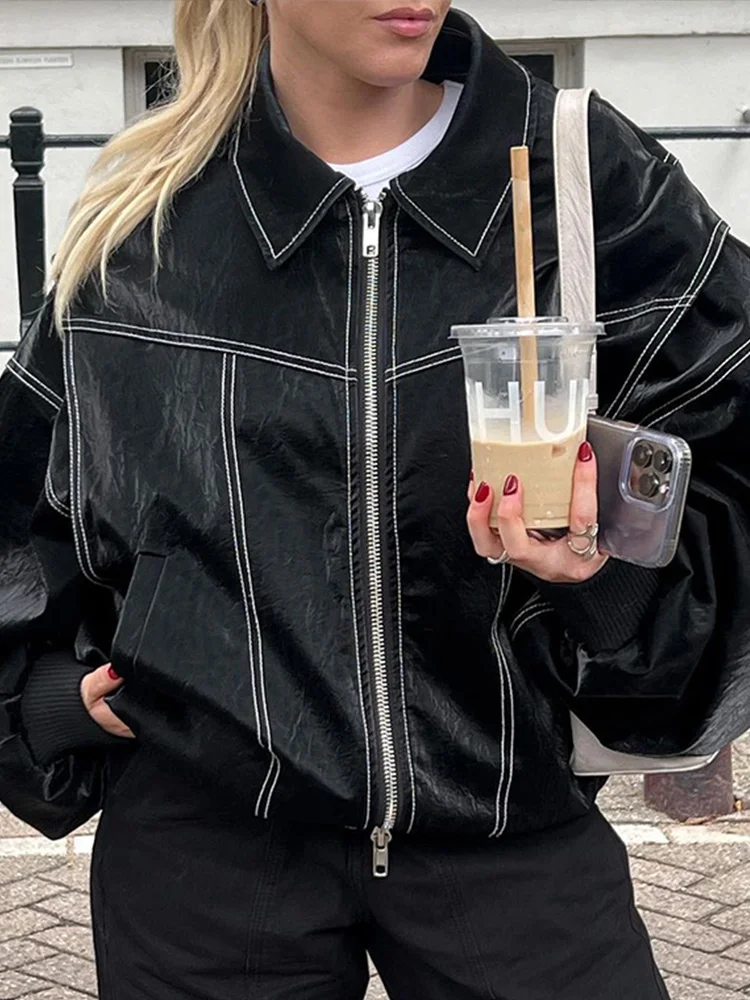Women Zipper Leather Bomber Jackets Coats Oversized Contrast Stitch Lapel Long Sleeve Jacket Motorcycle 2024 Autumn Outwear Tops 4