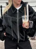 Women Zipper Leather Bomber Jackets Coats Oversized Contrast Stitch Lapel Long Sleeve Jacket Motorcycle 2024 Autumn Outwear Tops 4