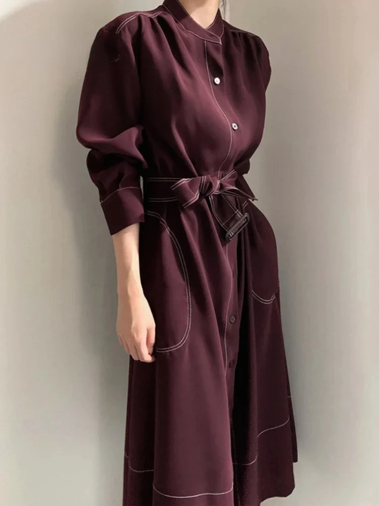 

Spring New Fashion Elegant Temperament Women Dress with Belt Standing Collar Single Breasted A-line Retro Long Sleeved Dress