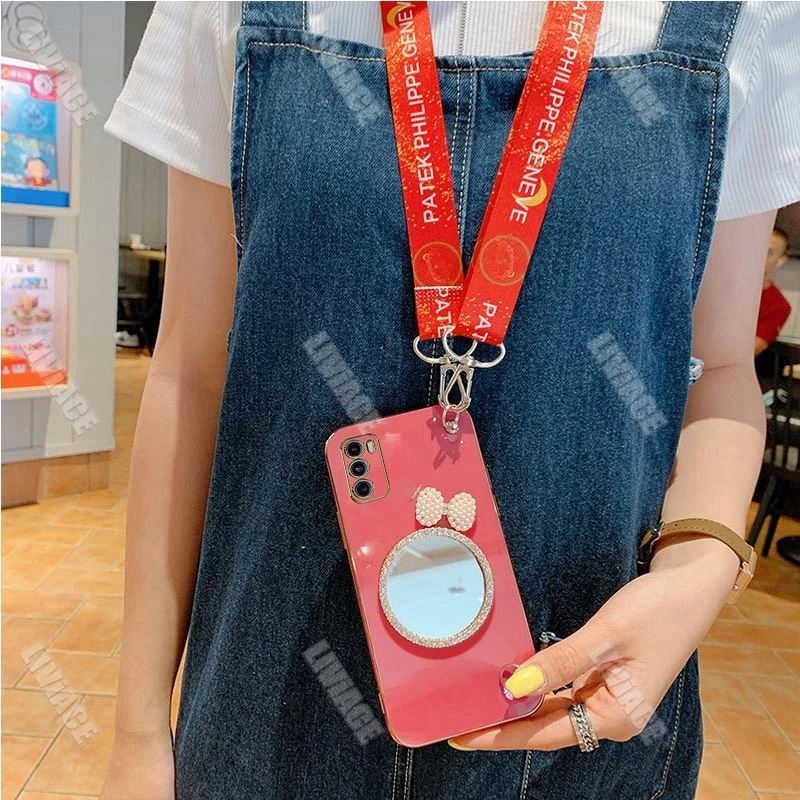 Glitter Bow Pearl Mirror Lanyard Strap Phone Case Cover