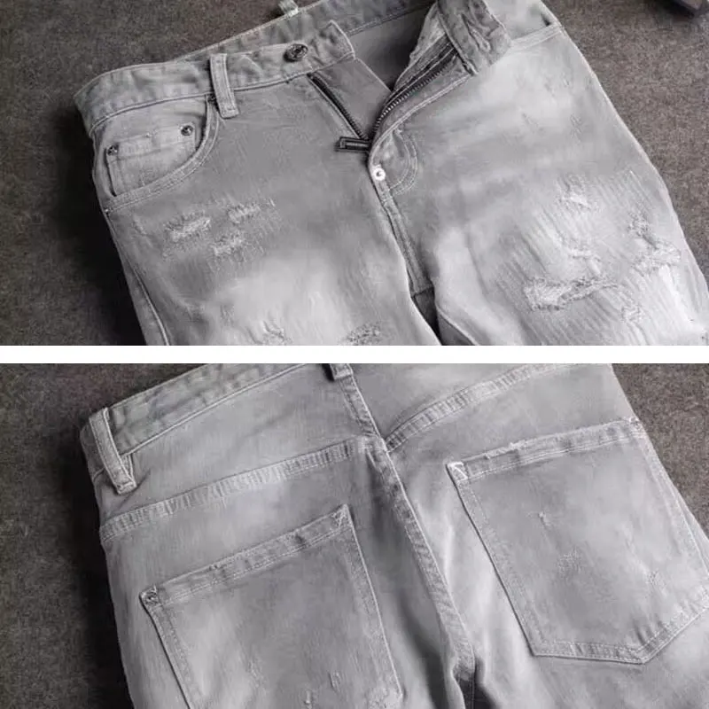 Street Fashion Men Jeans Retro Gray Stretch Slim Fit Vintage Ripped Jeans Men Embroidery Patched Designer Hip Hop Brand Pants