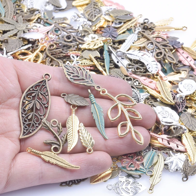 50pcs/Lot Random Mix Color Plant Pendant Tree Leaf Charm Metal Alloy Materials DIY Jewelry Making Supplies Pendants Accessories