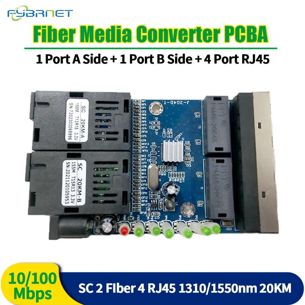 10/100M 20KM PCBA Board Fiber Optic Media Converter 2 Fiber Port 4 RJ45 Port Single Mode simplex SC Optical fast Fiber Switch