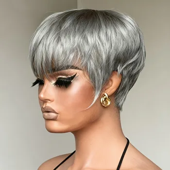Parrucca per capelli umani - Pixie corto da 6 pollici con grigio # Colore, densità 150% aspetto naturale, parrucca piena fatta a macchina per abbigliamento casual e per ha