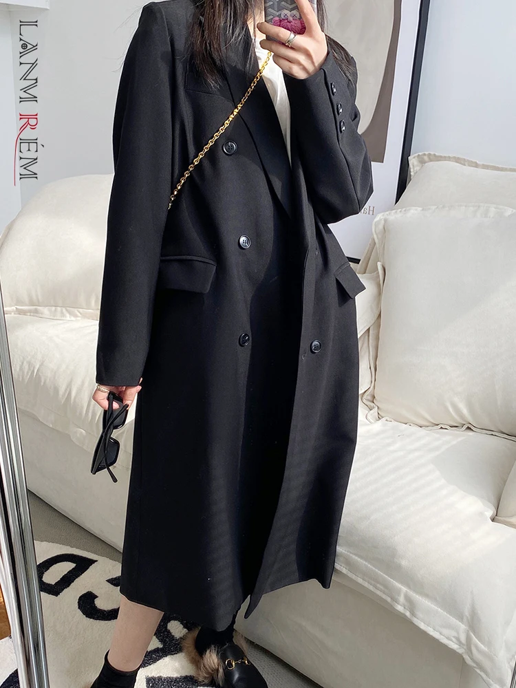 

LANMREM Women Long Blazer Solid Color Fashion Notched Collar Double Breasted Mid Length Coat 2023 Autumn New Clothing 2AA2179