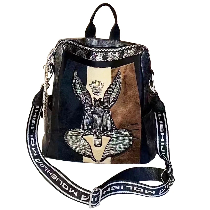 Trendy Women\'s Backpack Real Leather Daypack Rhinestone Ita Bag Mochilas Para Mujer Casual Travel Bag Retro Student School Bag