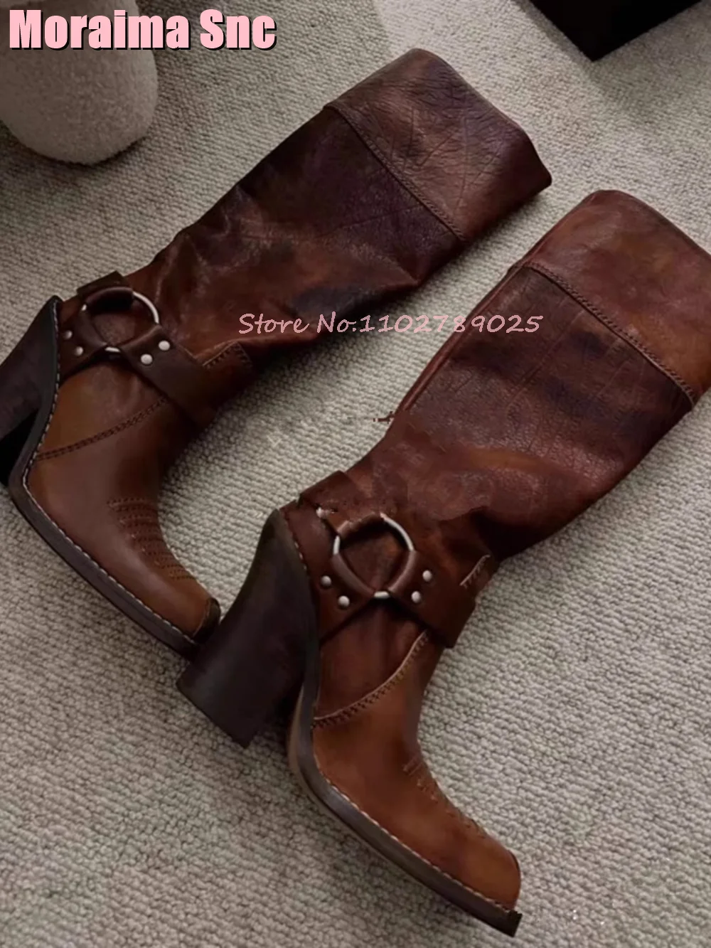 

Женские высокие сапоги до колена, коричневые однотонные сапоги в стиле ретро с пряжкой и квадратным носком, на квадратном массивном каблуке, с вышивкой, осень 2024