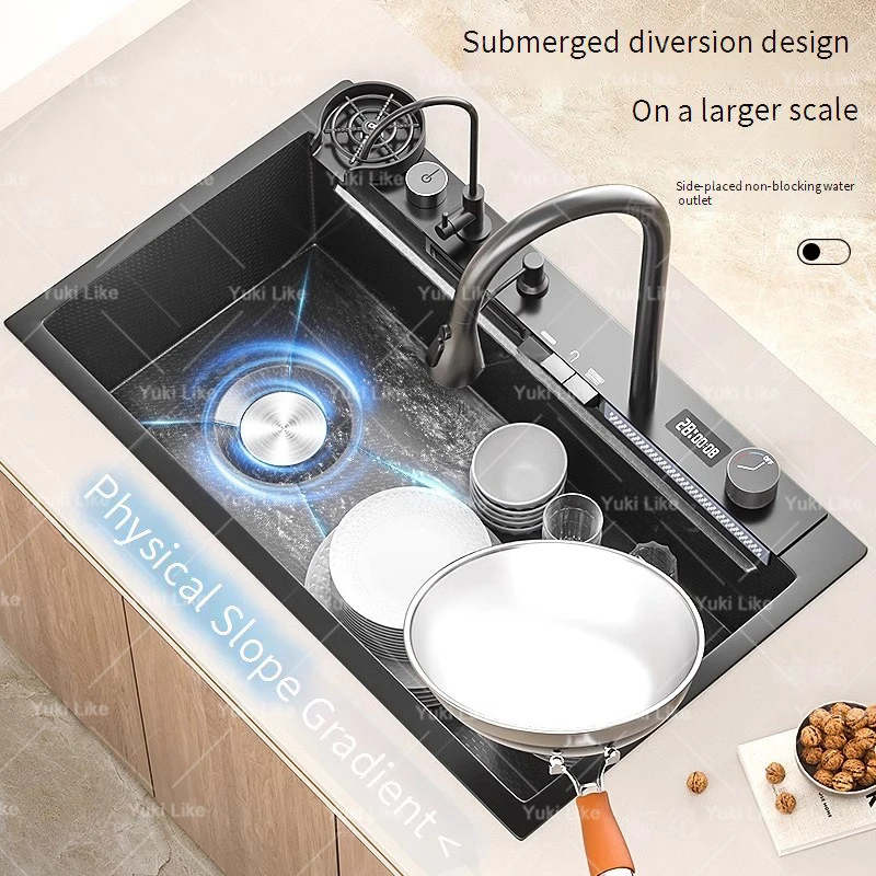Stainless Steel Waterfall Kitchen Sink Embossed Large Single Slot Household Vegetable Basin Dishwashing Sink Left Side Drainage
