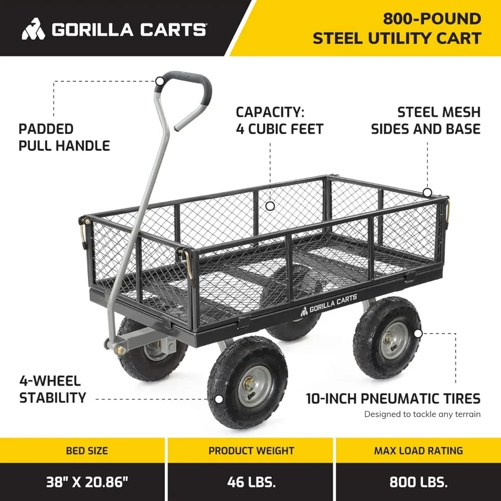 Steel Utility Cart Garden Wagon w/Handle & Removable Sides Up to 800lb 43.8"D x 21.25"W x 21.5"H