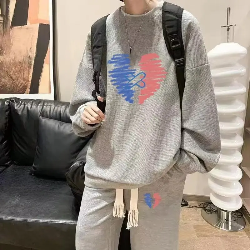 

Men's Waffle Casual Suit O-neck Long Sleeve Print Sweatshirts Sweatpants New Autumn Tracksuit Korean Style Fashion Two Piece Set