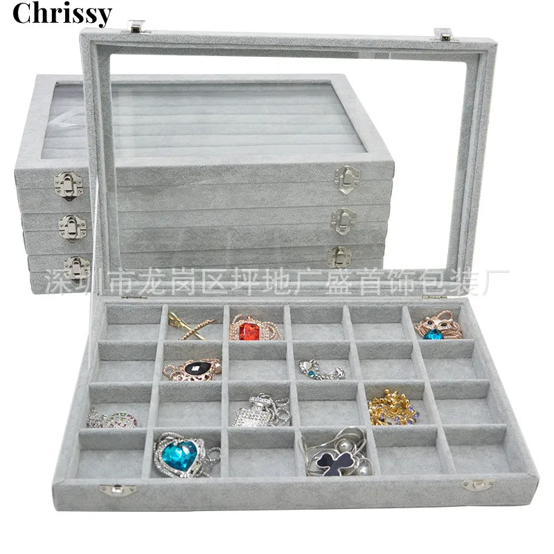 Velvet Jewelry Displaying Trays Jade Brooch Breastpin Earring Ring Organizer Holder Drawer with Glass Lid Window Showcase Gifts
