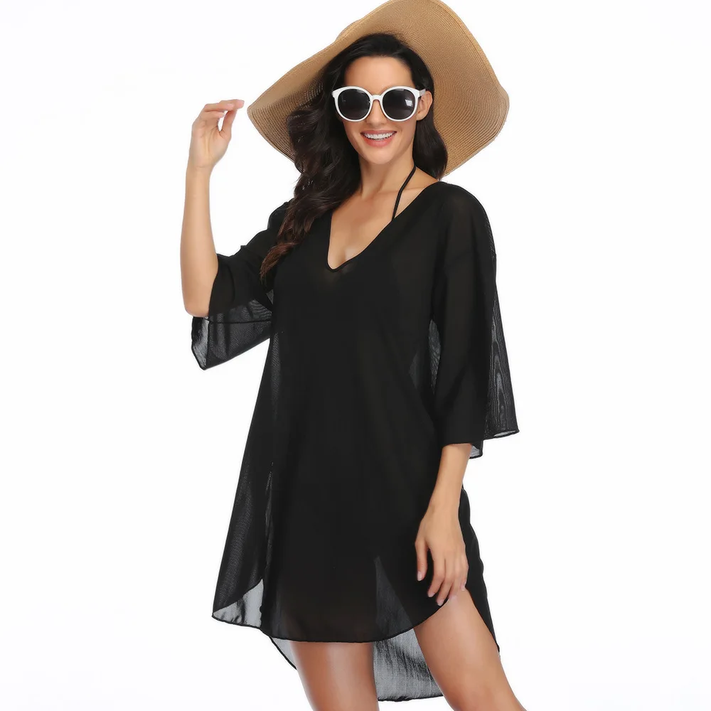 Black Bikini Cover Up with Mesh Women Sexy Beach Dress 2022 Summer Bathing Suit Beachwear mesh bathing suit cover up