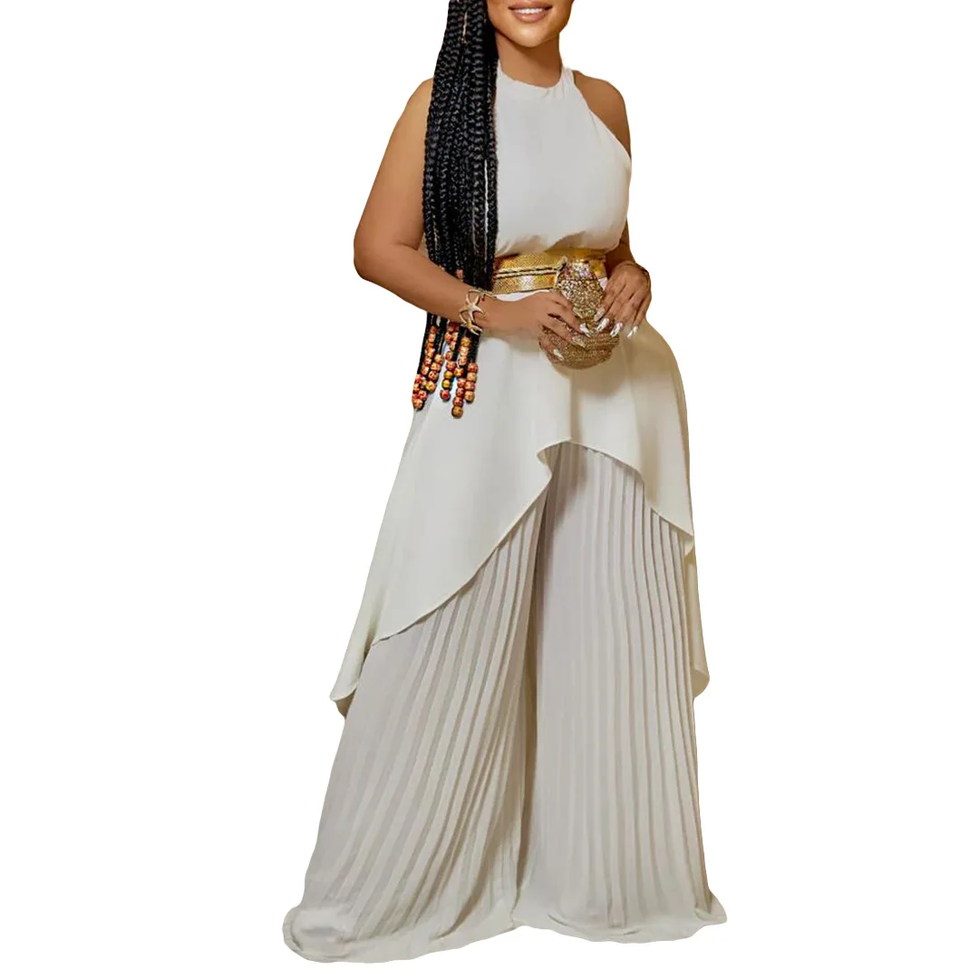 

Summer 2023 African Women Sleeveless Polyester White Red Black Blue 2 Pieces Top Pleated Pant Matching Sets African Clothes