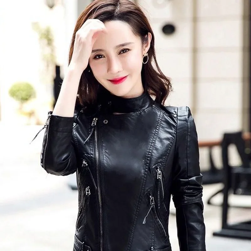 1pcs Women's PU Leather Short Jackets 2024 Spring Faux Fur Zipper Splicing Irregular Black Ladies Skinny Locomotive Small Coats