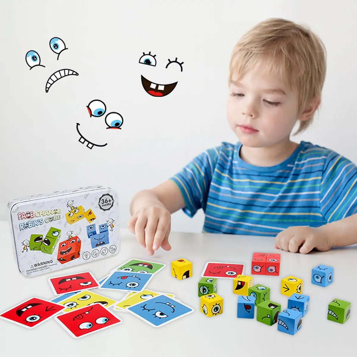 Wooden Puzzle Toys Kids Emotions Expression Game Wooden Cube Face Changing Board Cartoon Puzzle Toy Montessori Thinking Challenge
