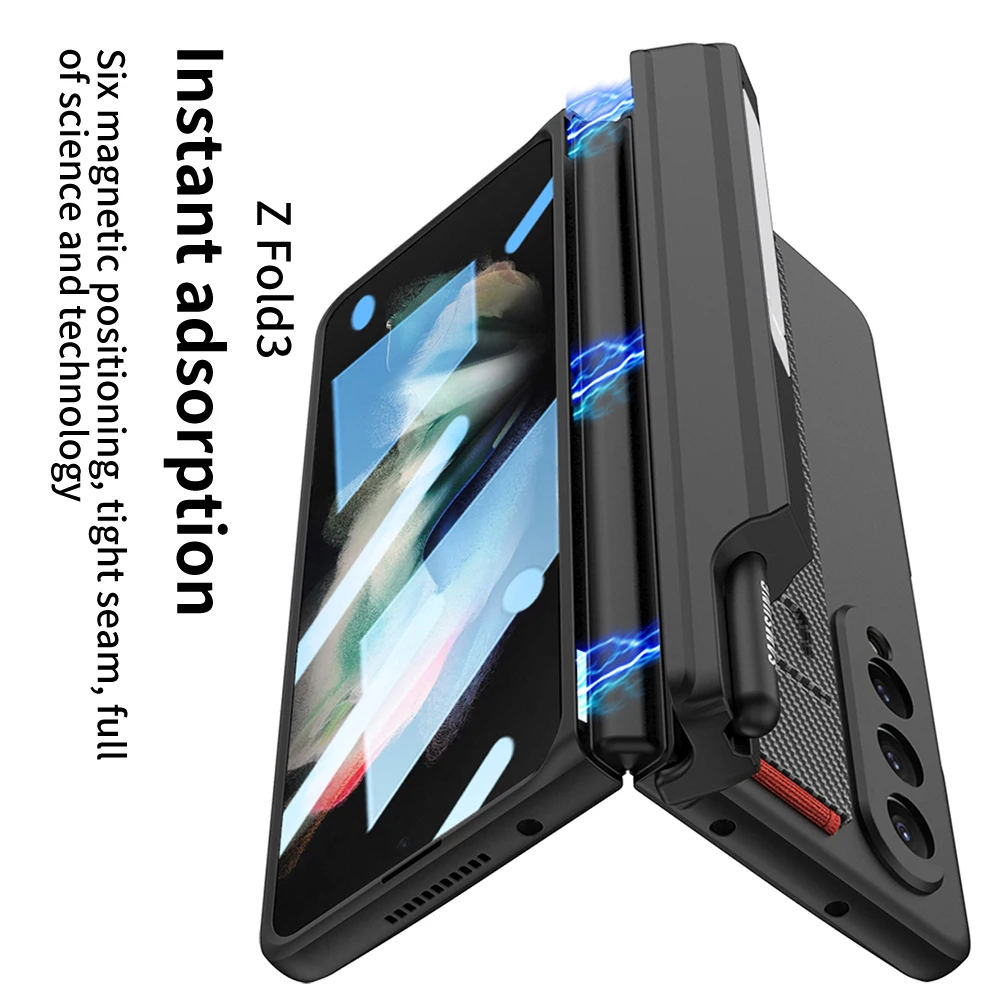 For Samsung Galaxy Z Fold 3 Fold3 Case Matte Wristband Magnetic Hinge Pen Holder Kickstand Shockproof Hard Back Case Accessories